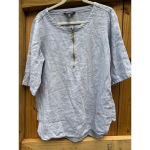 Ellen Tracy Linen Top Blouse Women's‎ Medium 3/4 Sleeve Zip Front Blue